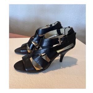 Micheal Michael Kors Black Leather Buckle/Zipper Heeled Sandals Sz 8 M Excellent